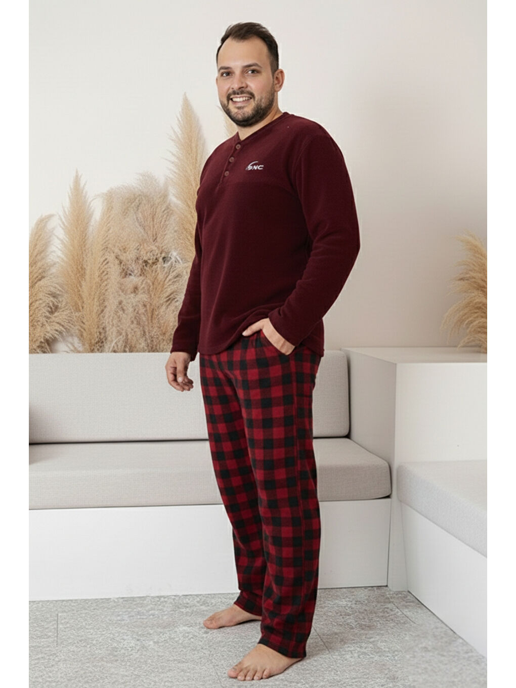 Bordo Cepli Ekoseli Büyük Beden Erkek Polar Pijama Takımı 3445-1