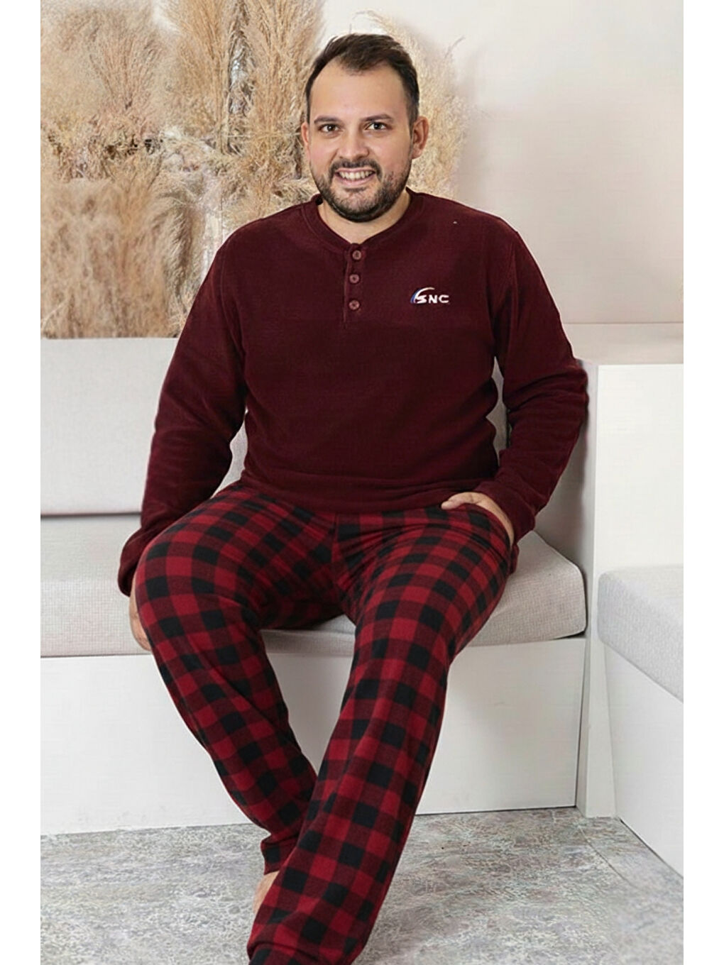 Bordo Cepli Ekoseli Büyük Beden Erkek Polar Pijama Takımı 3445-2