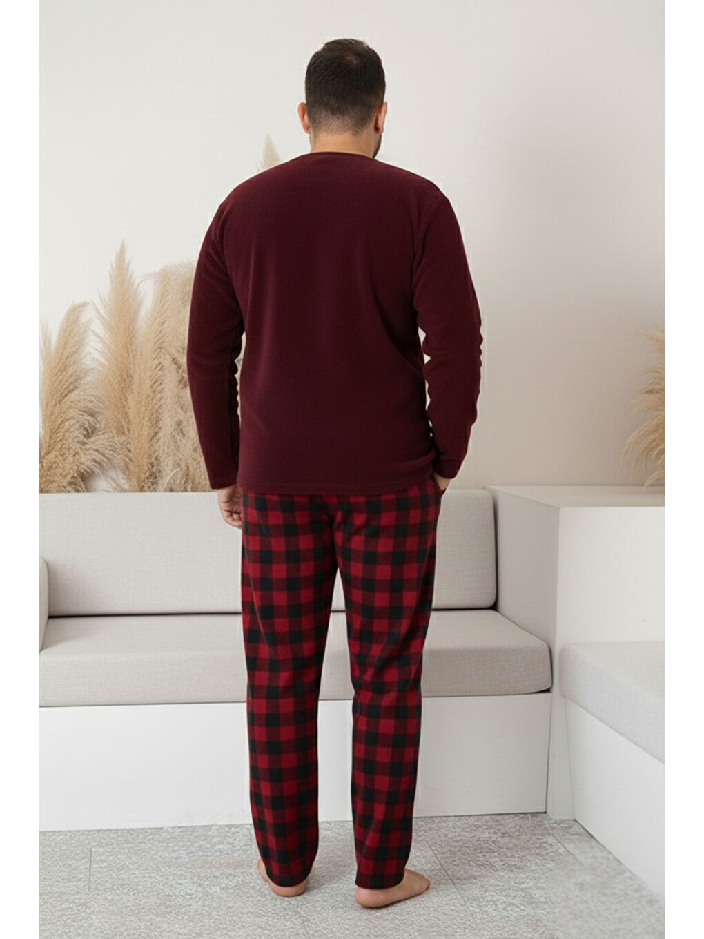 Bordo Cepli Ekoseli Büyük Beden Erkek Polar Pijama Takımı 3445-3