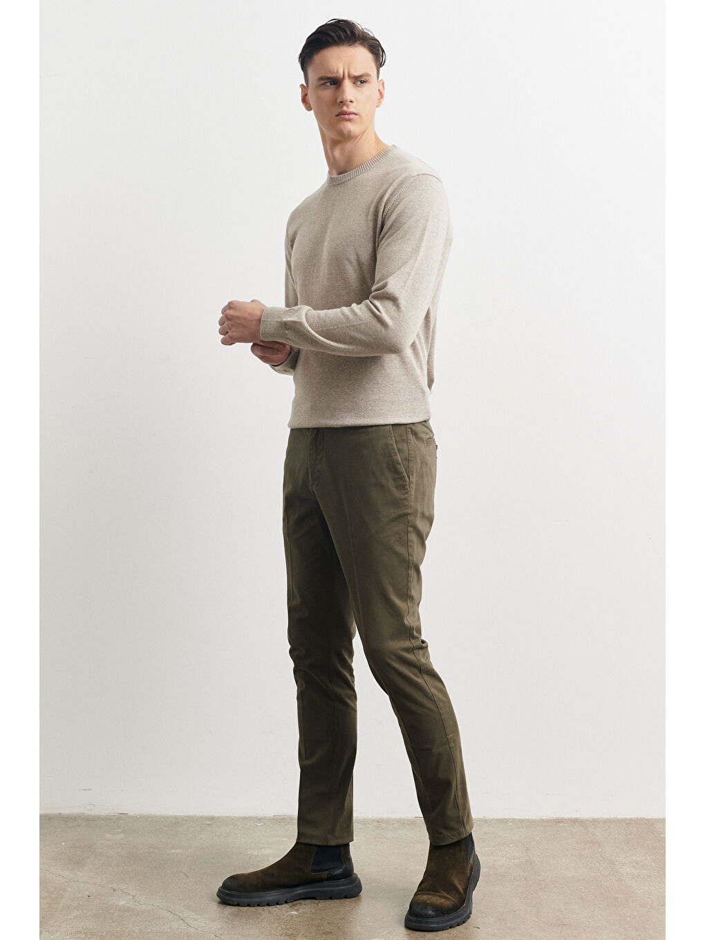 Erkek Haki Slim Fit Dar Kesim Yan Cep Casual Pantolon-1