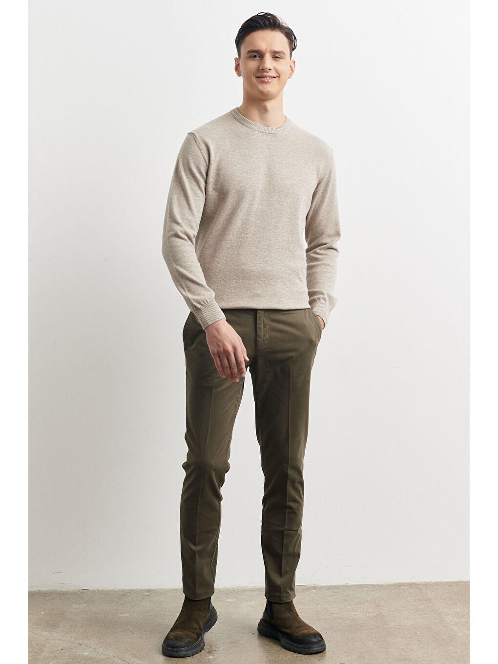 Erkek Haki Slim Fit Dar Kesim Yan Cep Casual Pantolon-3