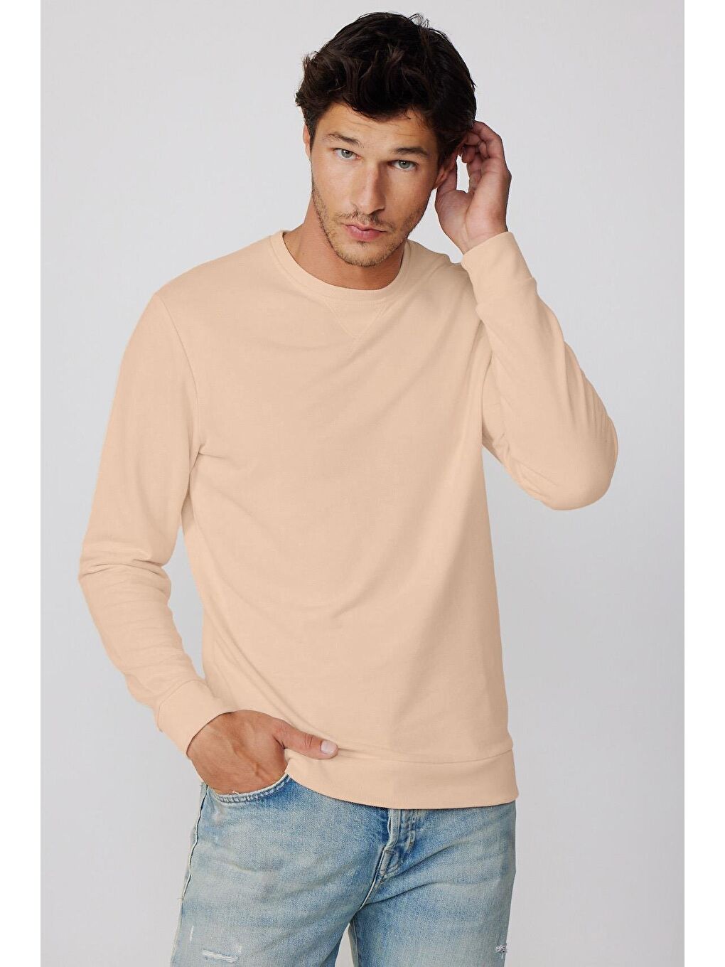 TUDORS Bej Unisex Relax Fit Rahat Kesim Pamuklu Basic Bej Bisiklet Yaka Sweatshirt - 1