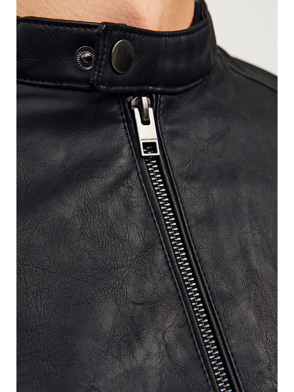 Siyah Essentials Jjedylan Regular Fit Dik Yaka Fermuarlı Deri Ceket 12261195-2