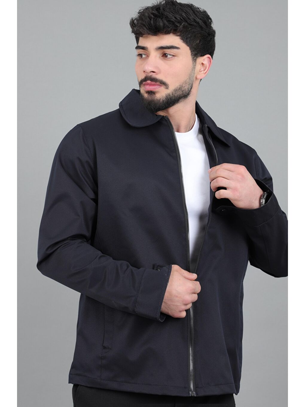 Lacivert Diagonel Kumaş Yakalı Fermuarlı Mevsimlik Mont PLDP 3031_60391-1