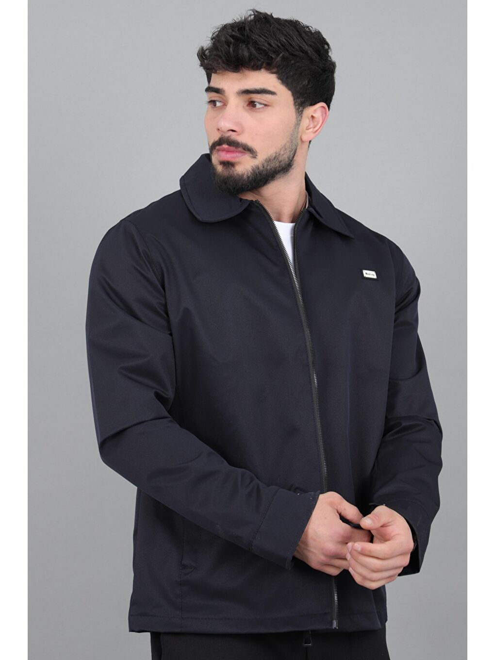 Lacivert Diagonel Kumaş Yakalı Fermuarlı Mevsimlik Mont PLDP 3031_60391-2