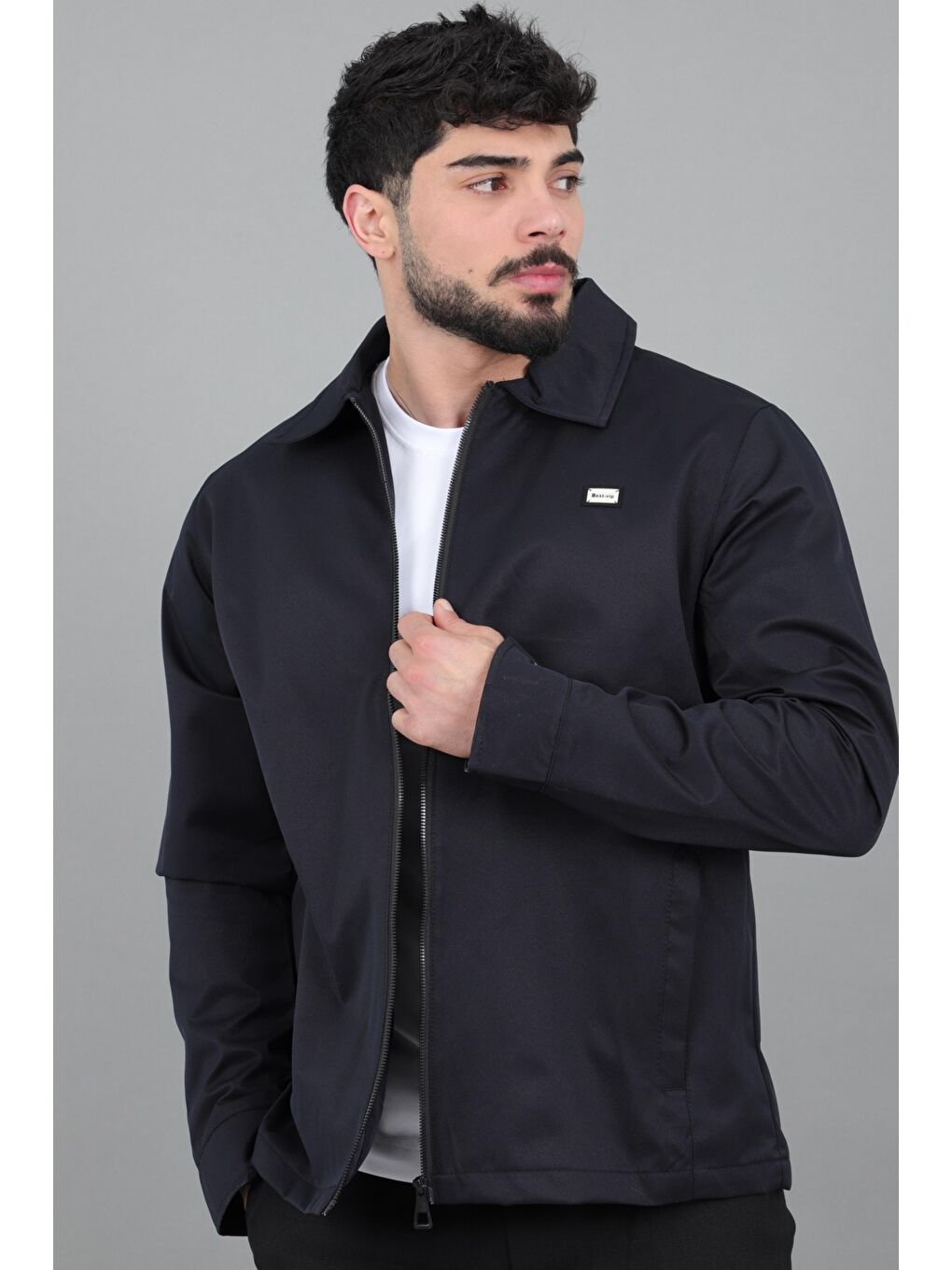 Lacivert Diagonel Kumaş Yakalı Fermuarlı Mevsimlik Mont PLDP 3031_60391-3
