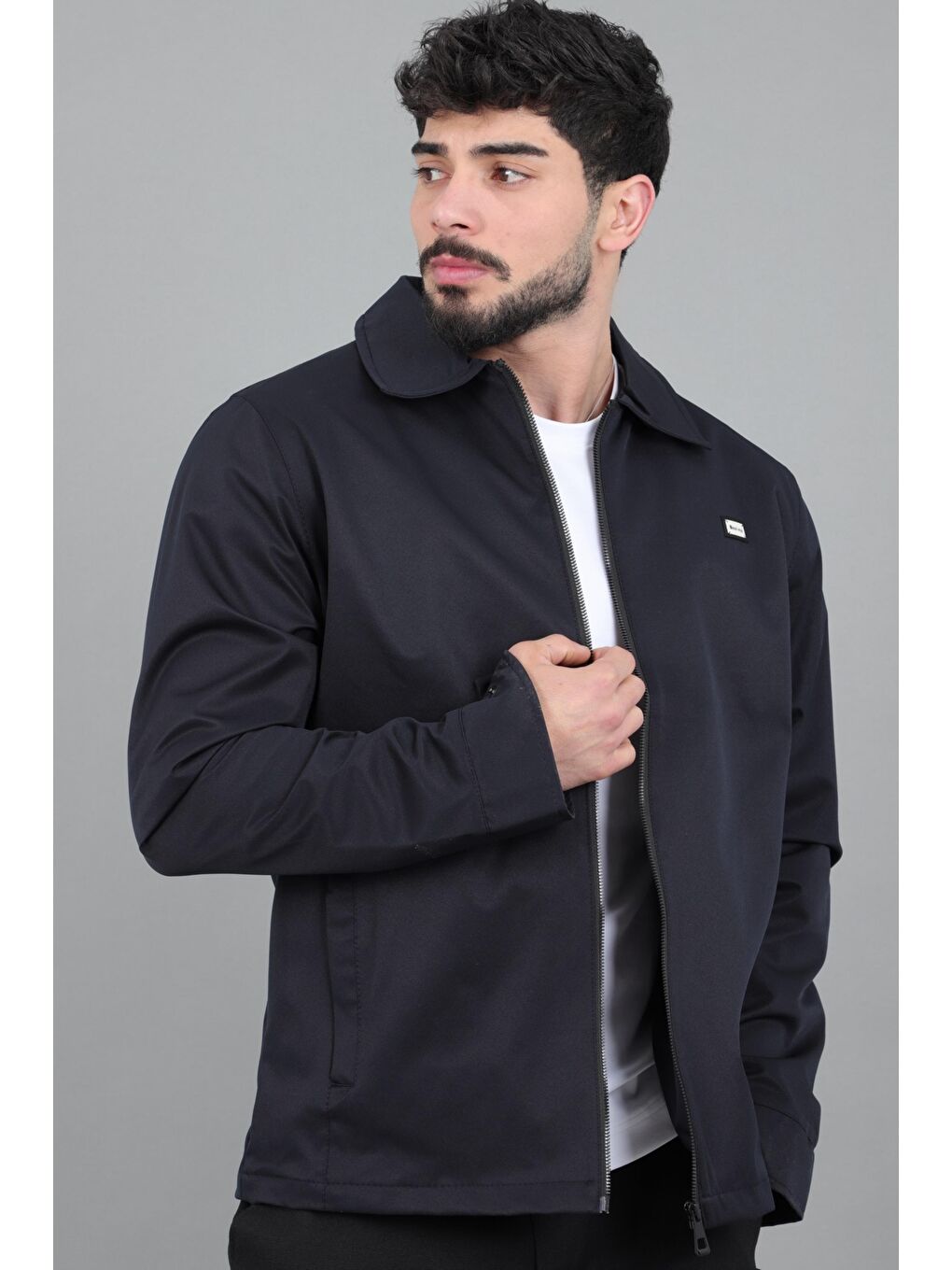 Lacivert Diagonel Kumaş Yakalı Fermuarlı Mevsimlik Mont PLDP 3031_60391-4