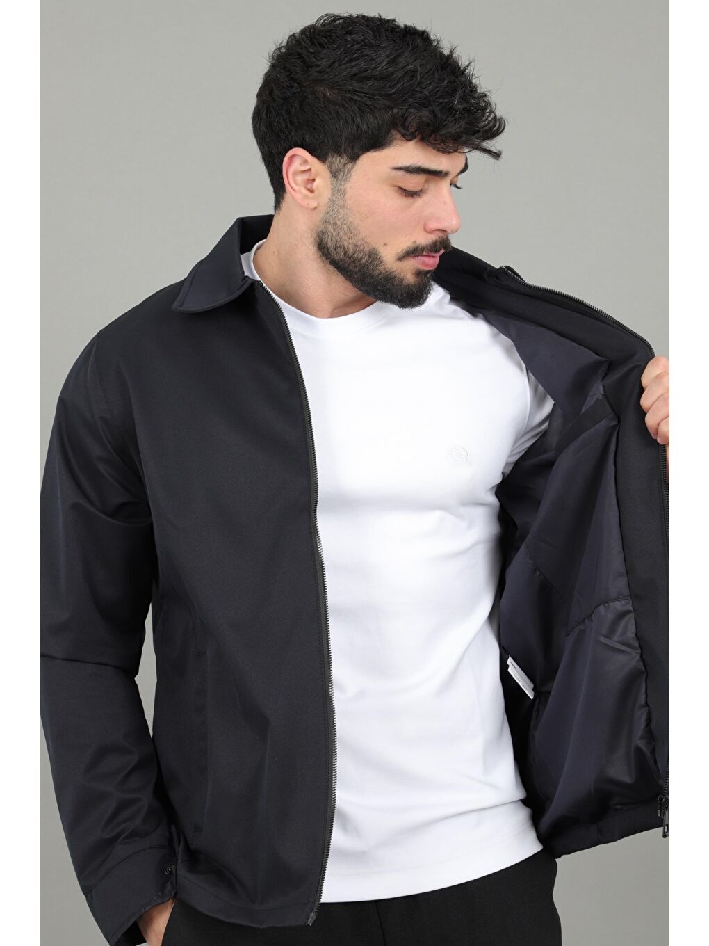 Lacivert Diagonel Kumaş Yakalı Fermuarlı Mevsimlik Mont PLDP 3031_60391-5