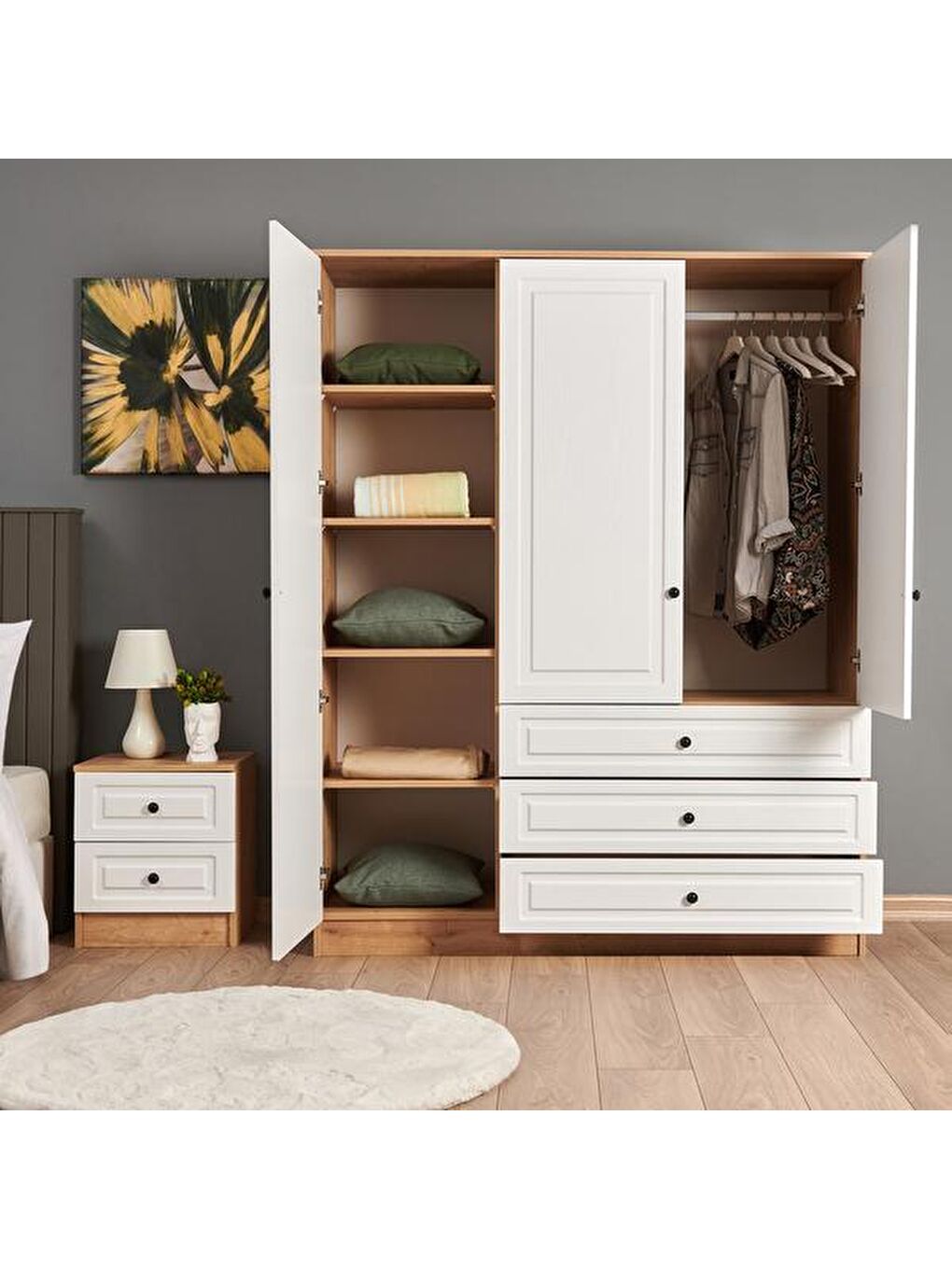 Kahverengi Ares 3 Kapak 3 Çekmeceli Gardırop - Safir Meşe / Beyaz-2