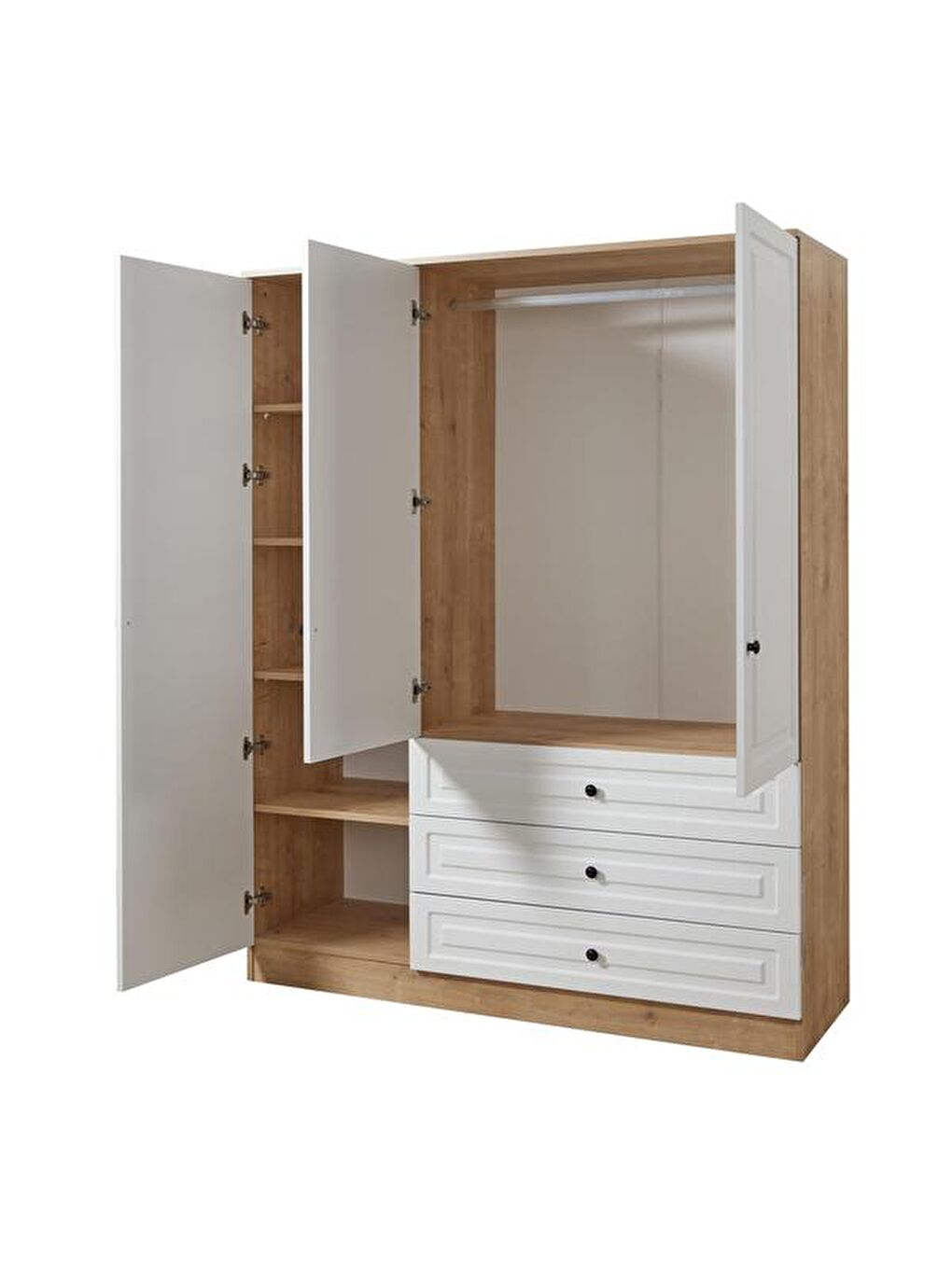 Kahverengi Ares 3 Kapak 3 Çekmeceli Gardırop - Safir Meşe / Beyaz-3