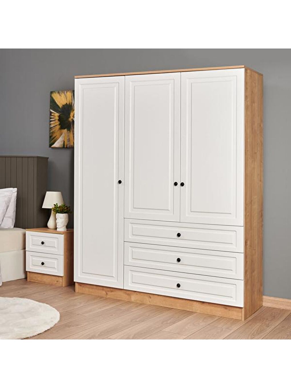 Kahverengi Ares 3 Kapak 3 Çekmeceli Gardırop - Safir Meşe / Beyaz-5