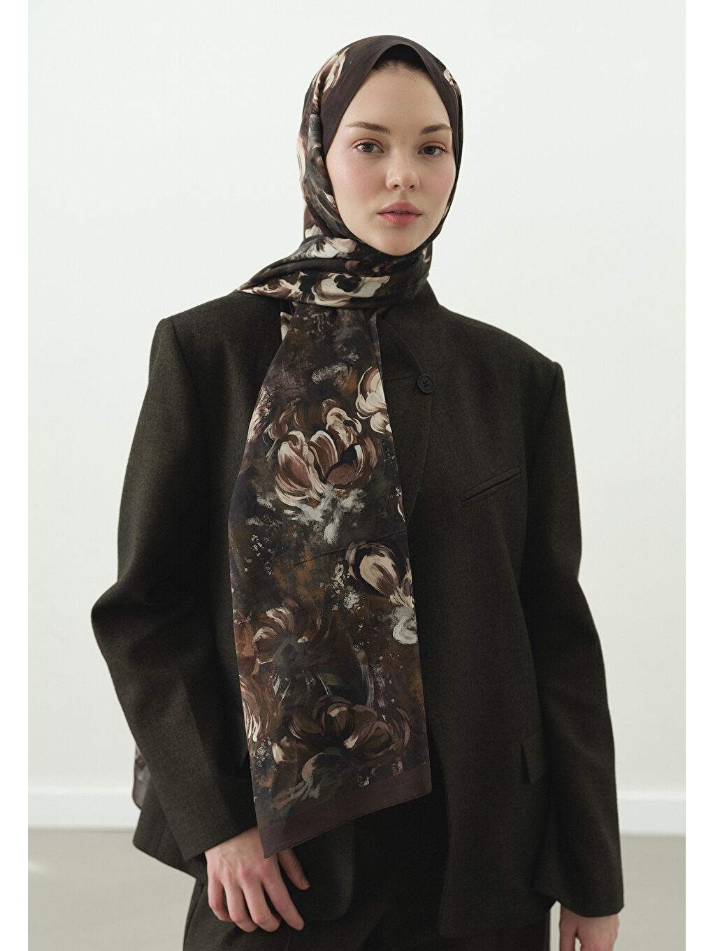 Kahverengi MADELEINE DESENLİ PAMUK VİSKON ŞAL KAHVE