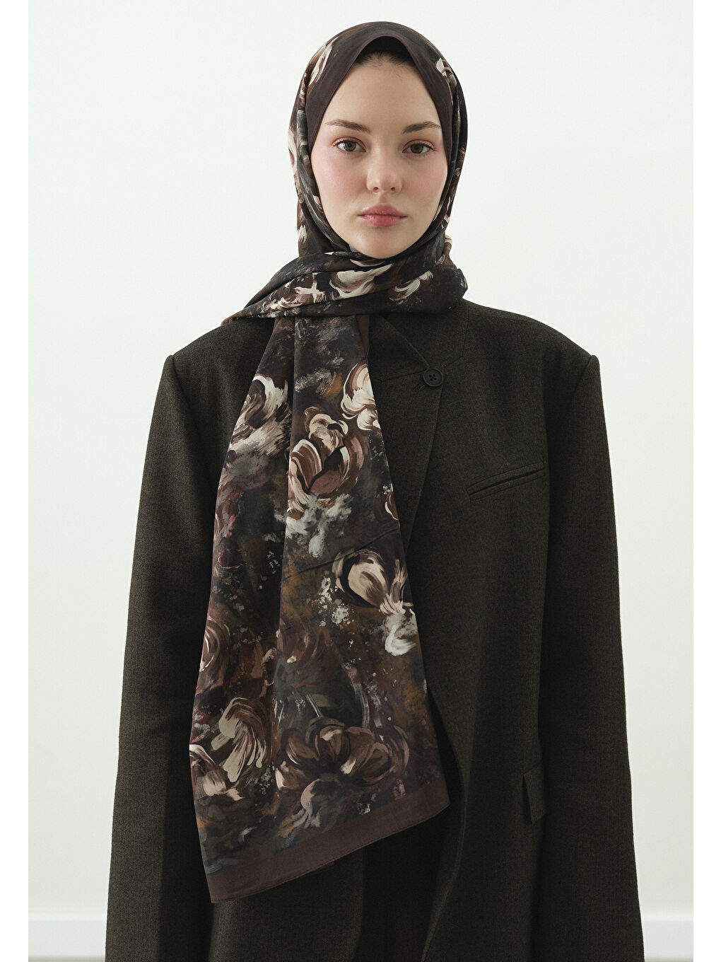 Kahverengi MADELEINE DESENLİ PAMUK VİSKON ŞAL KAHVE-2