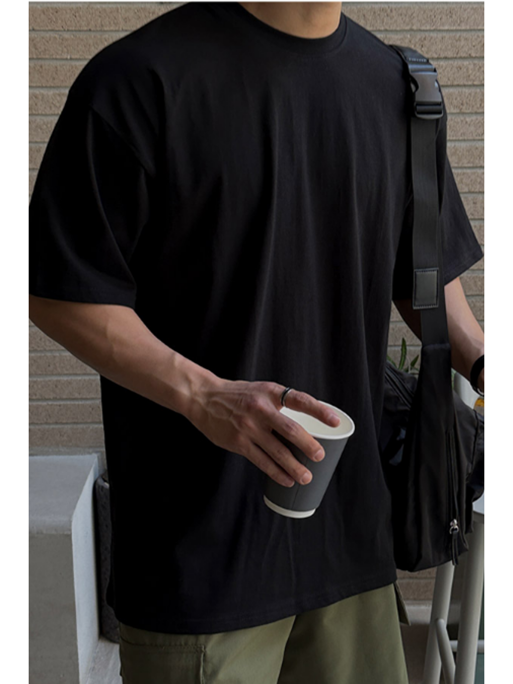 Erkek %100 Pamuklu Kalın Dokulu Oversize Bisiklet Yakalı Siyah T-shirt-1