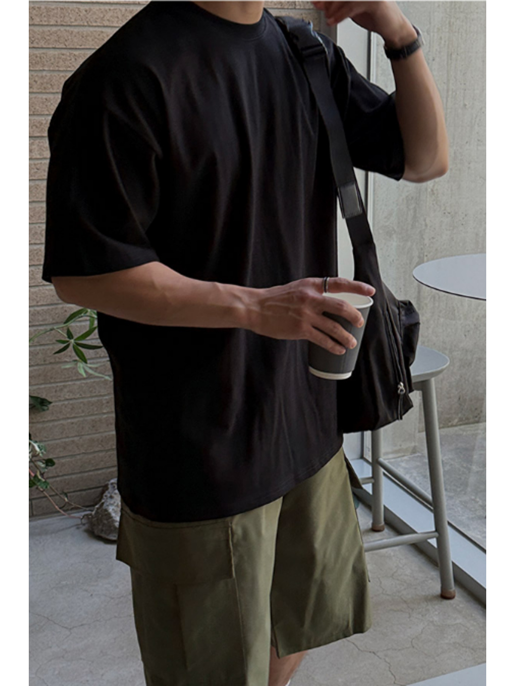 Erkek %100 Pamuklu Kalın Dokulu Oversize Bisiklet Yakalı Siyah T-shirt-2