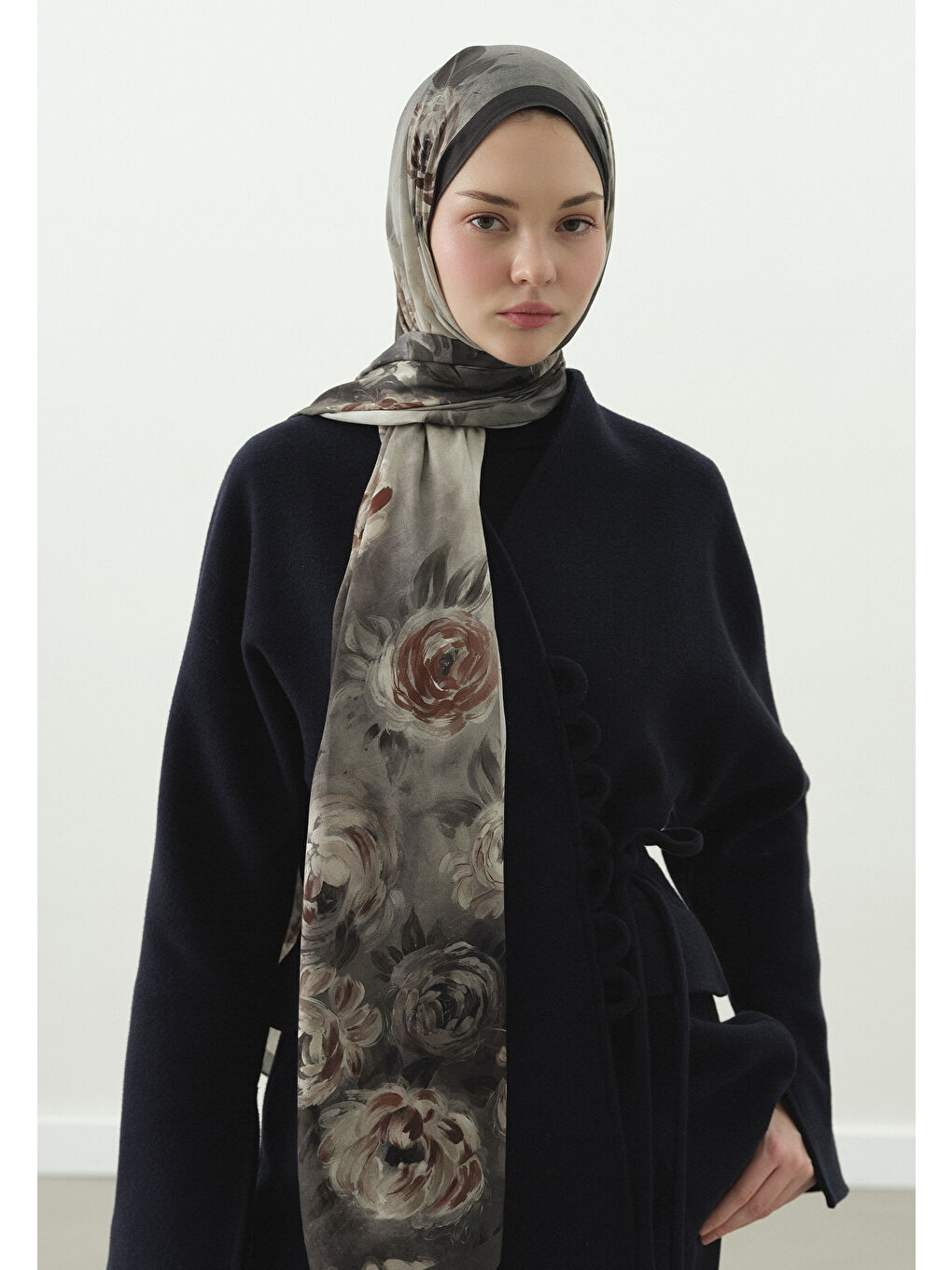 Gri MARIELLE DESENLİ PAMUK VİSKON ŞAL FÜME