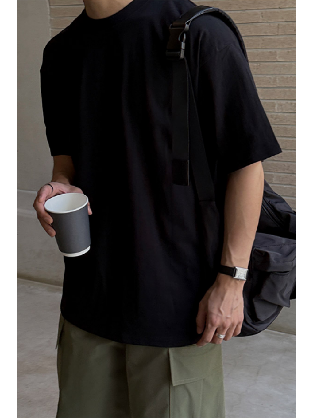 Erkek %100 Pamuklu Kalın Dokulu Oversize Bisiklet Yakalı Siyah T-shirt-3