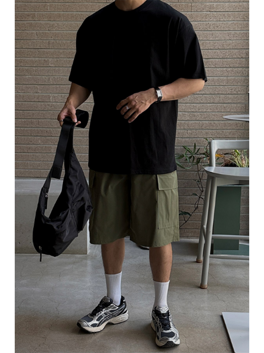 Erkek %100 Pamuklu Kalın Dokulu Oversize Bisiklet Yakalı Siyah T-shirt-5
