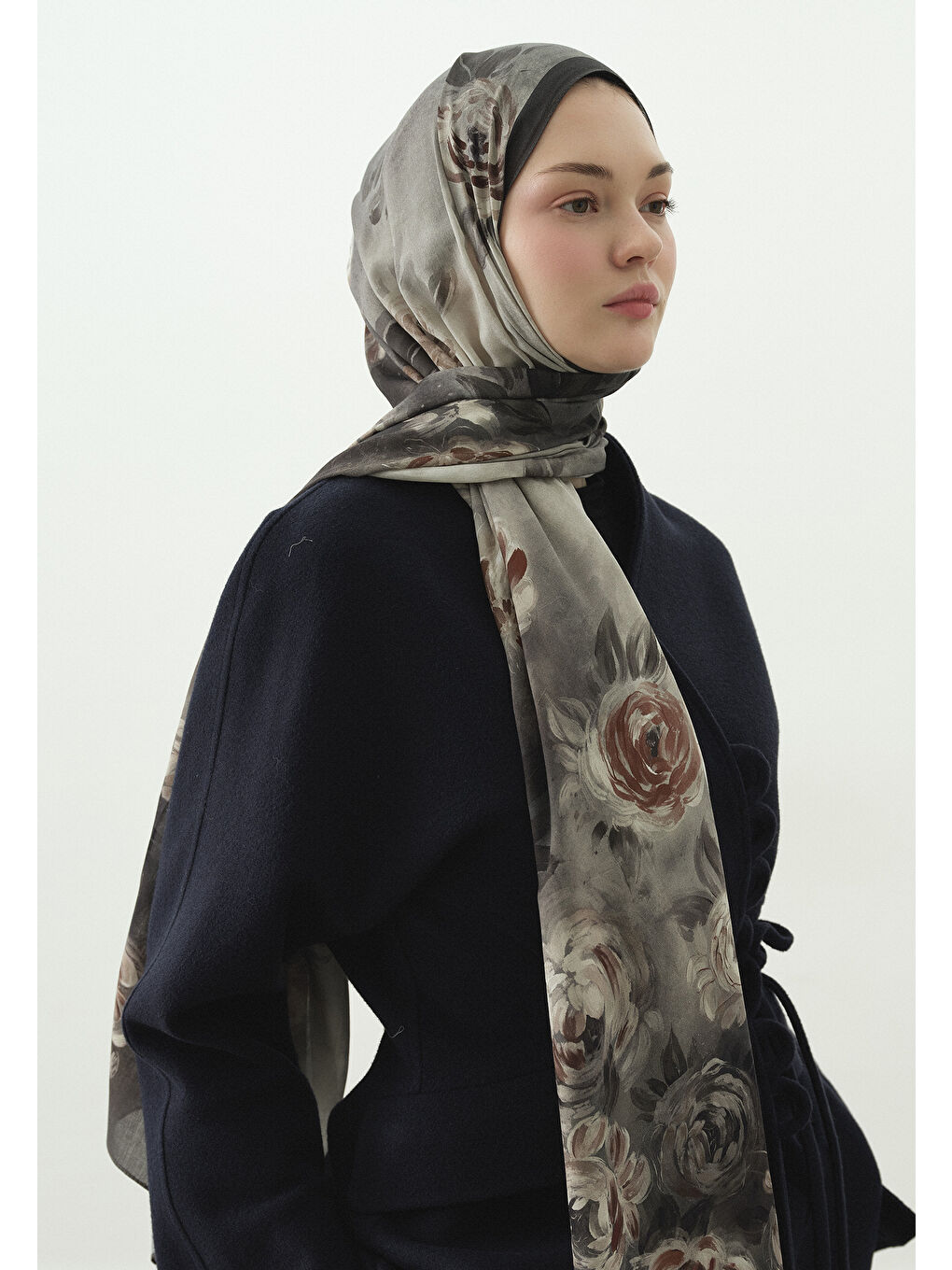 Gri MARIELLE DESENLİ PAMUK VİSKON ŞAL FÜME-2