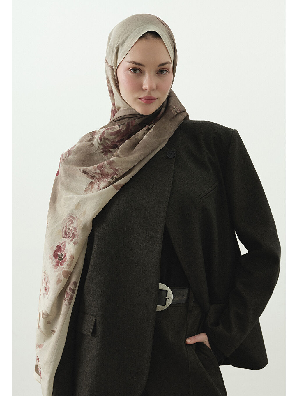 Bej MARIELLE DESENLİ PAMUK VİSKON ŞAL BEJ-3