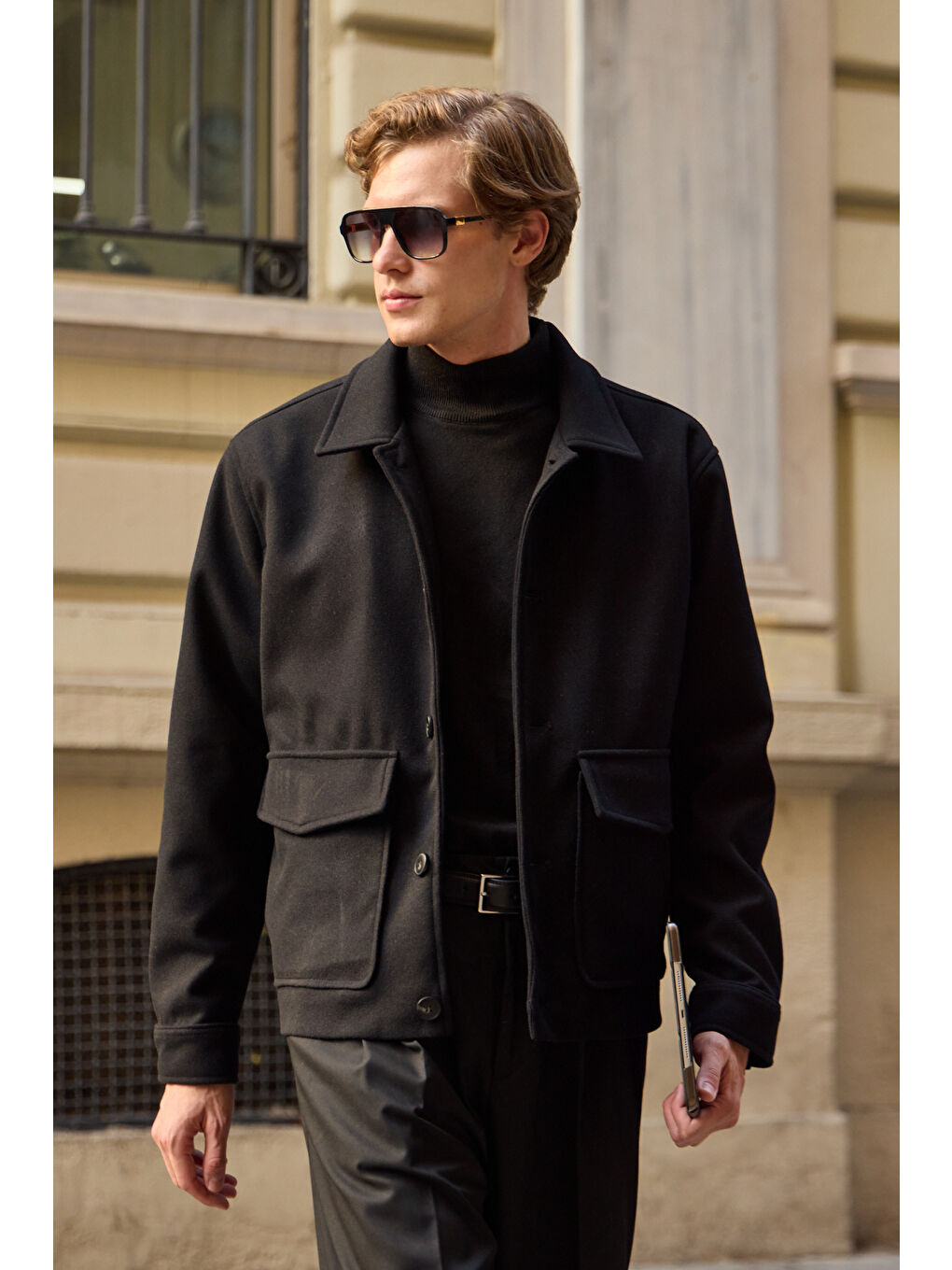 Erkek Gömlek Yaka Düğmeli Kaşe Mont Ceket Siyah-1