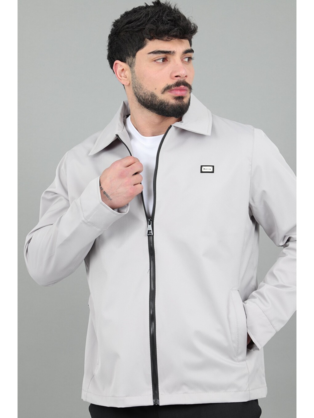Bej Diagonel Kumaş Yakalı Fermuarlı Mevsimlik Mont Pldp 3031_60391
