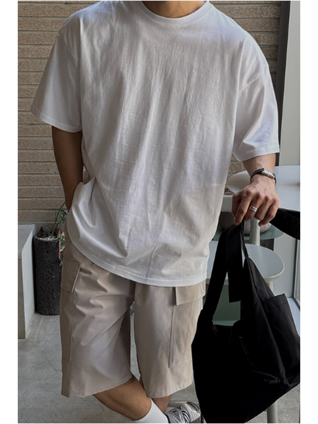 Erkek %100 Pamuklu Kalın Dokulu Oversize Bisiklet Yakalı Beyaz T-shirt-1