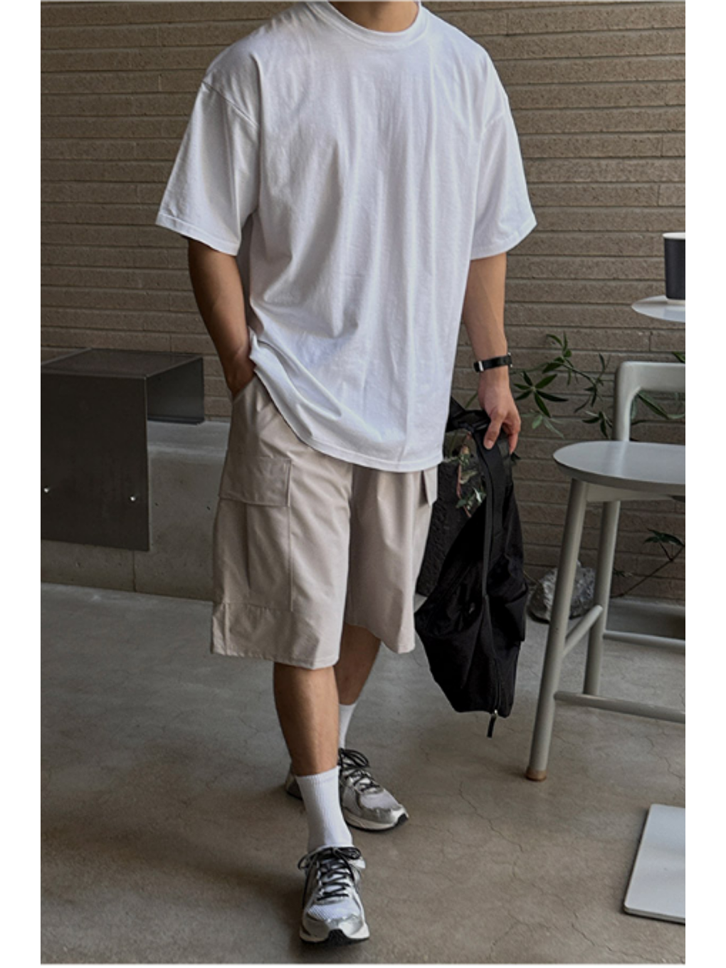 Erkek %100 Pamuklu Kalın Dokulu Oversize Bisiklet Yakalı Beyaz T-shirt-3