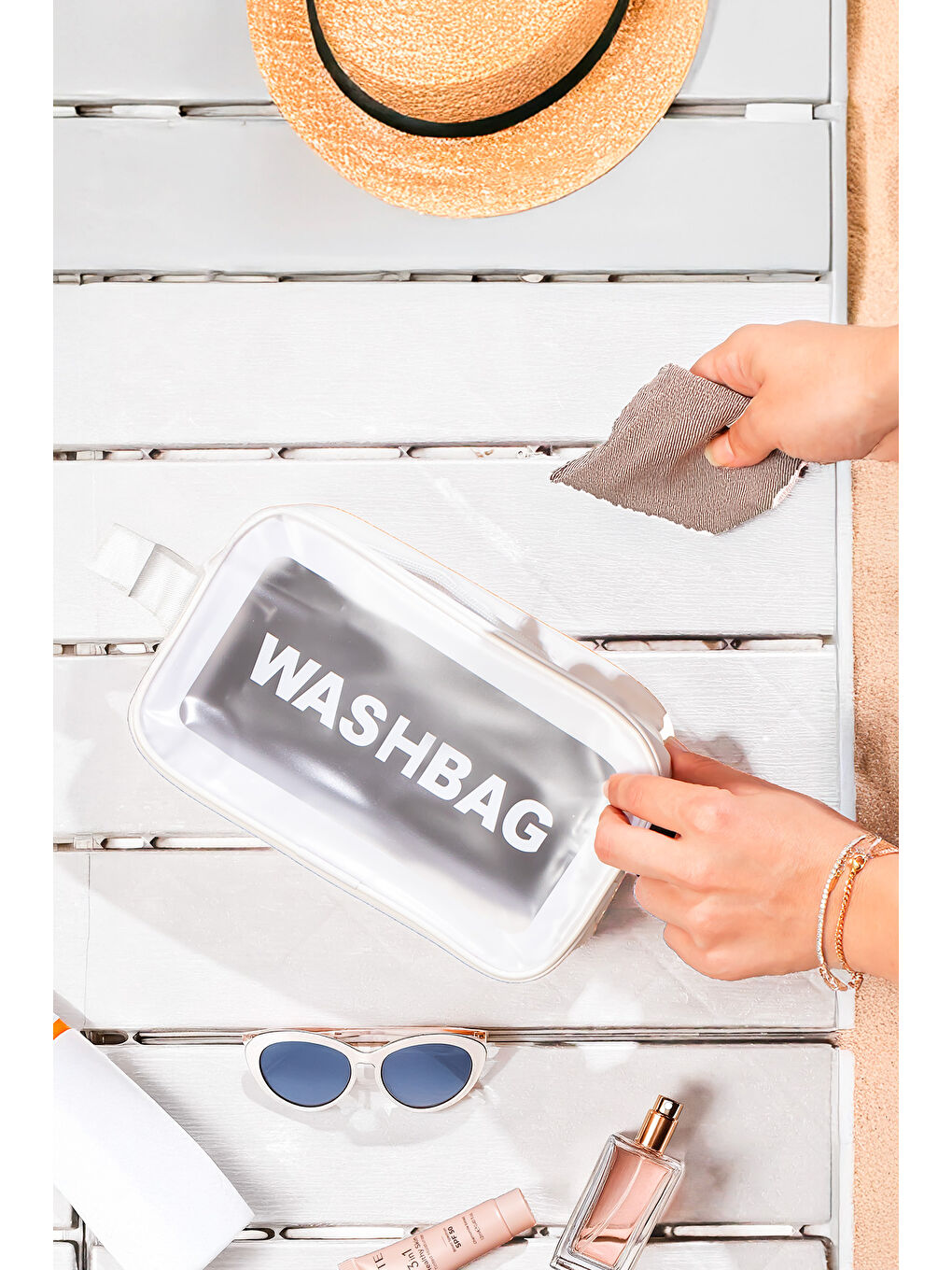 3140-1 Şeffaf - Beyaz Seyahat ve Makyaj Çantası Su Geçirmez Organizer Washbag 21x13cm