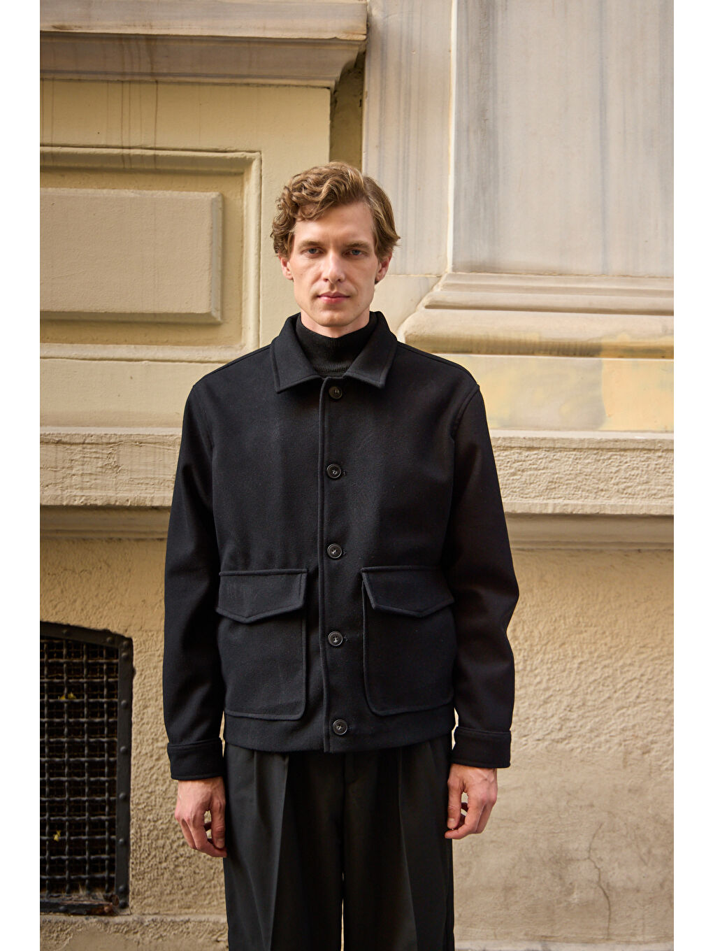 Erkek Gömlek Yaka Düğmeli Kaşe Mont Ceket Siyah-3