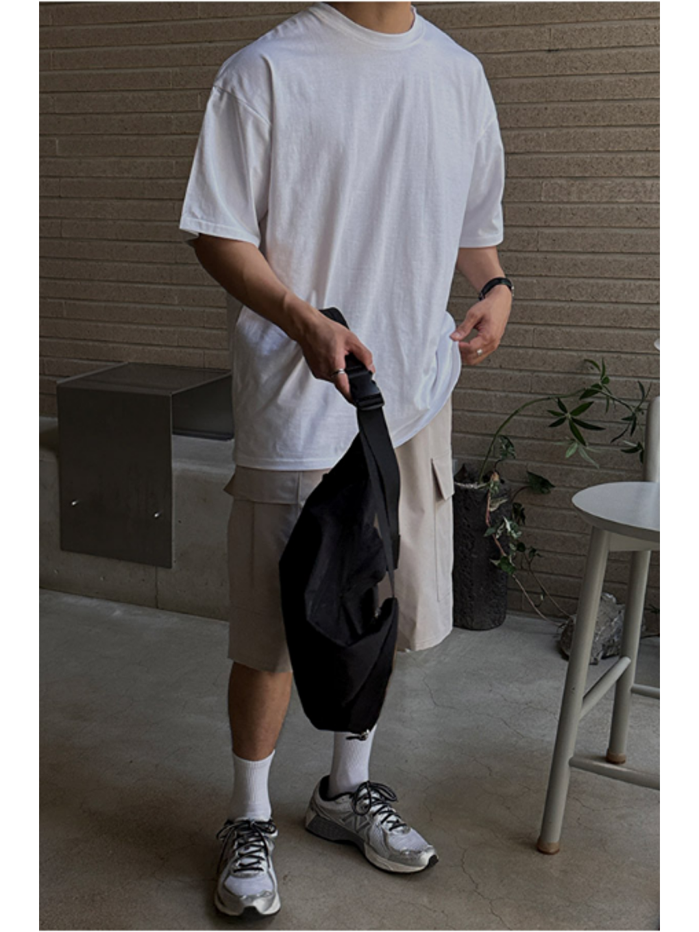 Erkek %100 Pamuklu Kalın Dokulu Oversize Bisiklet Yakalı Beyaz T-shirt-5