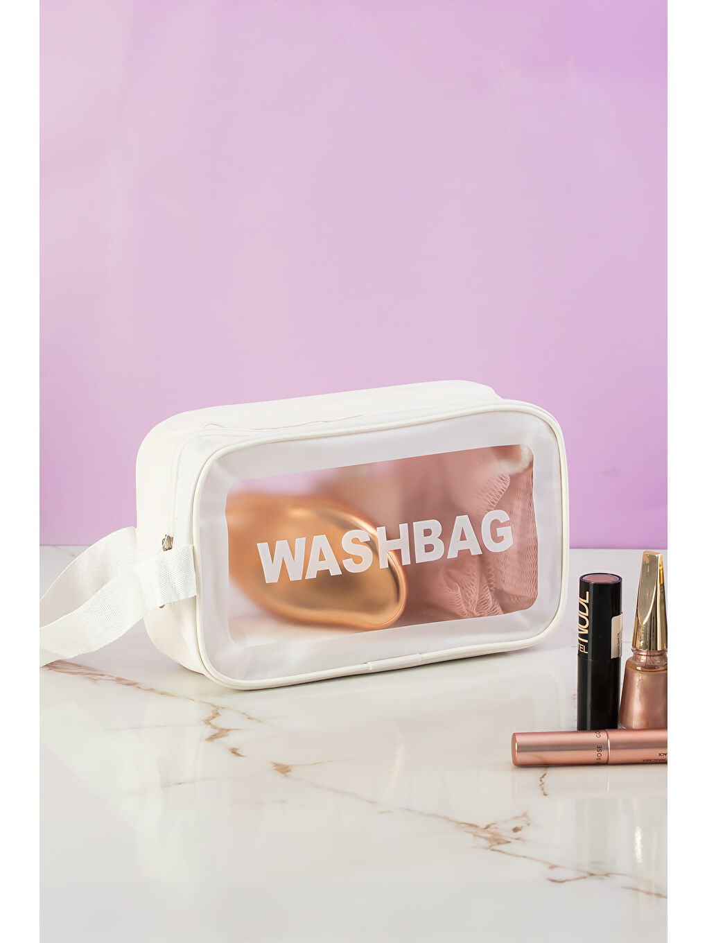 3140-1 Şeffaf - Beyaz Seyahat ve Makyaj Çantası Su Geçirmez Organizer Washbag 21x13cm-1