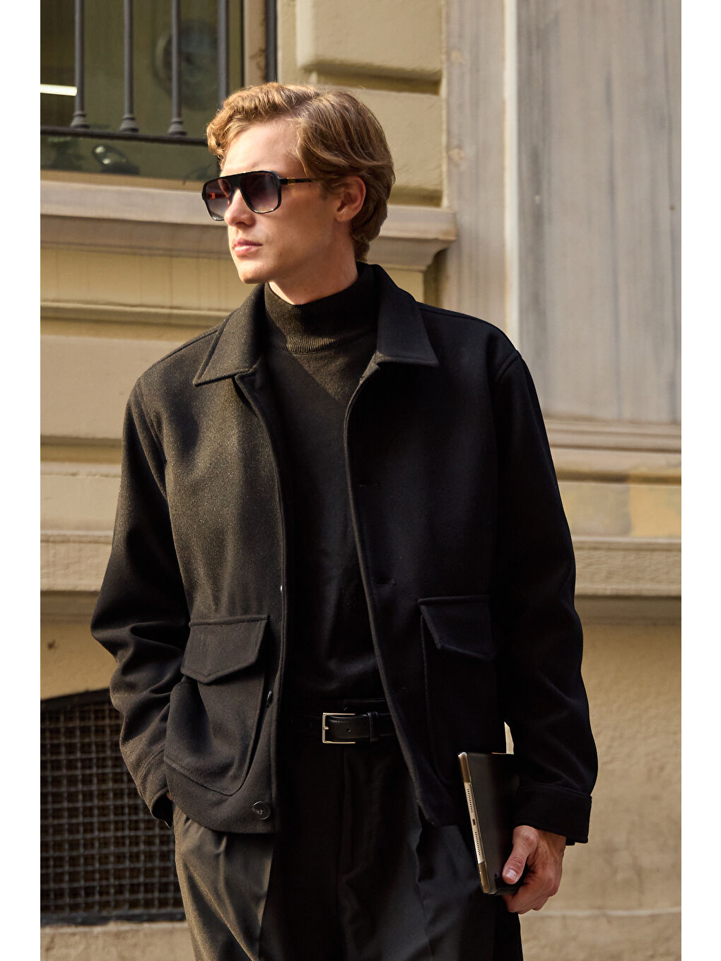 Erkek Gömlek Yaka Düğmeli Kaşe Mont Ceket Siyah-4