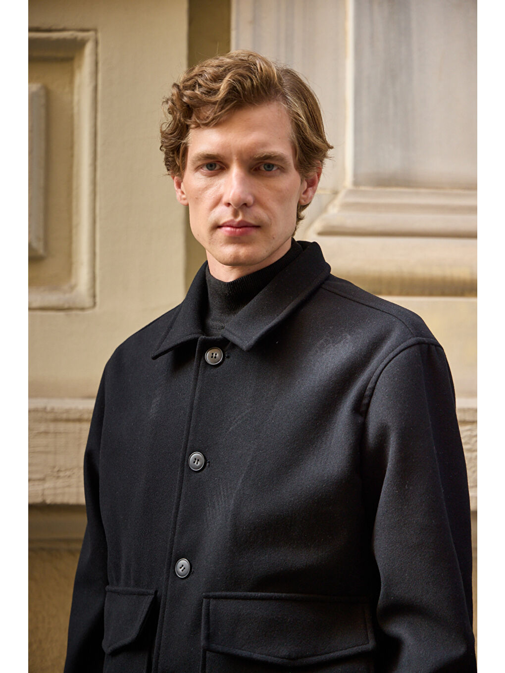 Erkek Gömlek Yaka Düğmeli Kaşe Mont Ceket Siyah-5