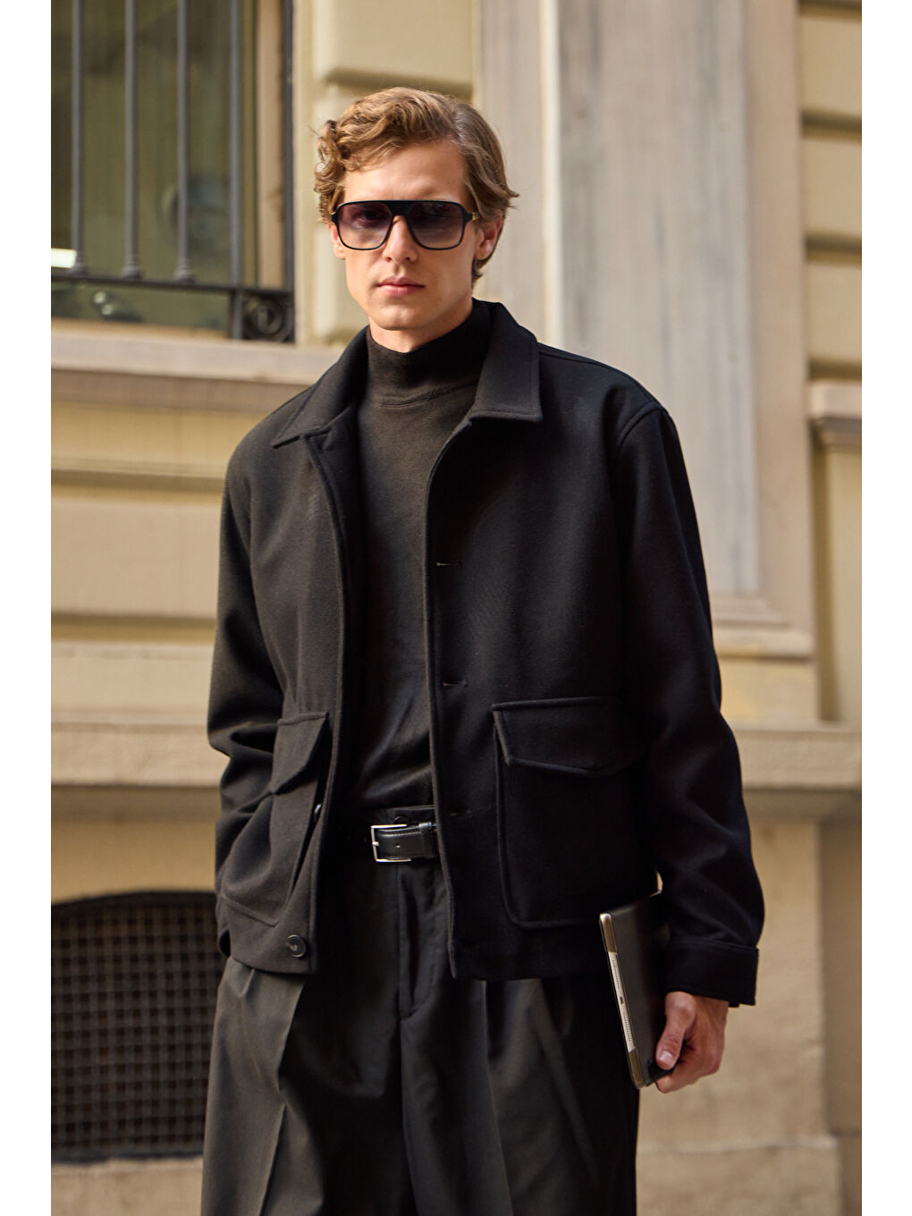 Erkek Gömlek Yaka Düğmeli Kaşe Mont Ceket Siyah-6