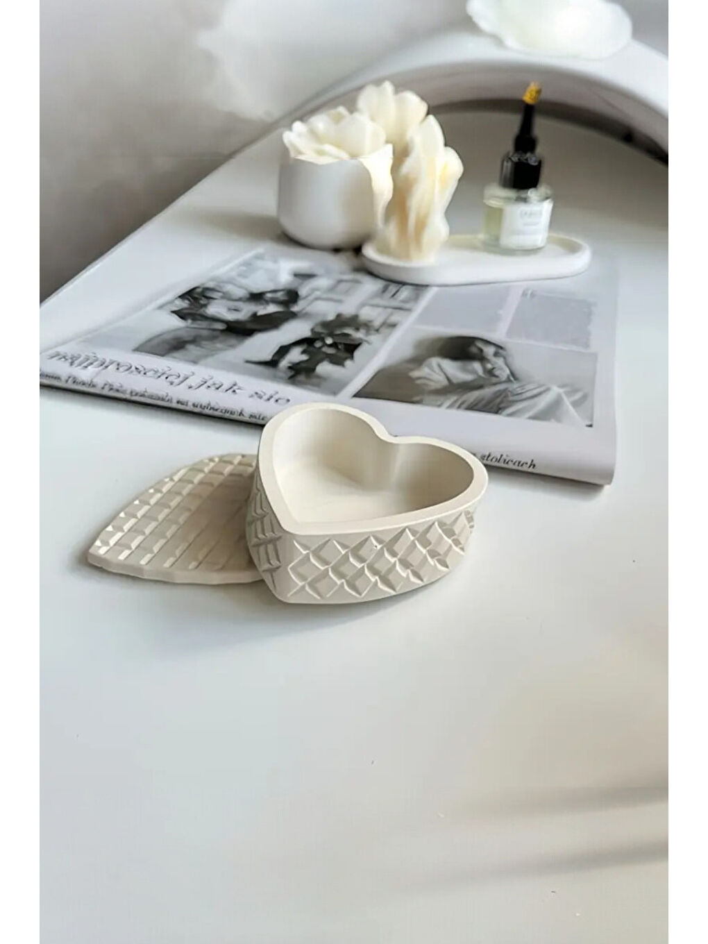 Beyaz Sevgililer Günü Hediye Fikri Kalp Şekilli Geometrik Kase Mum-3