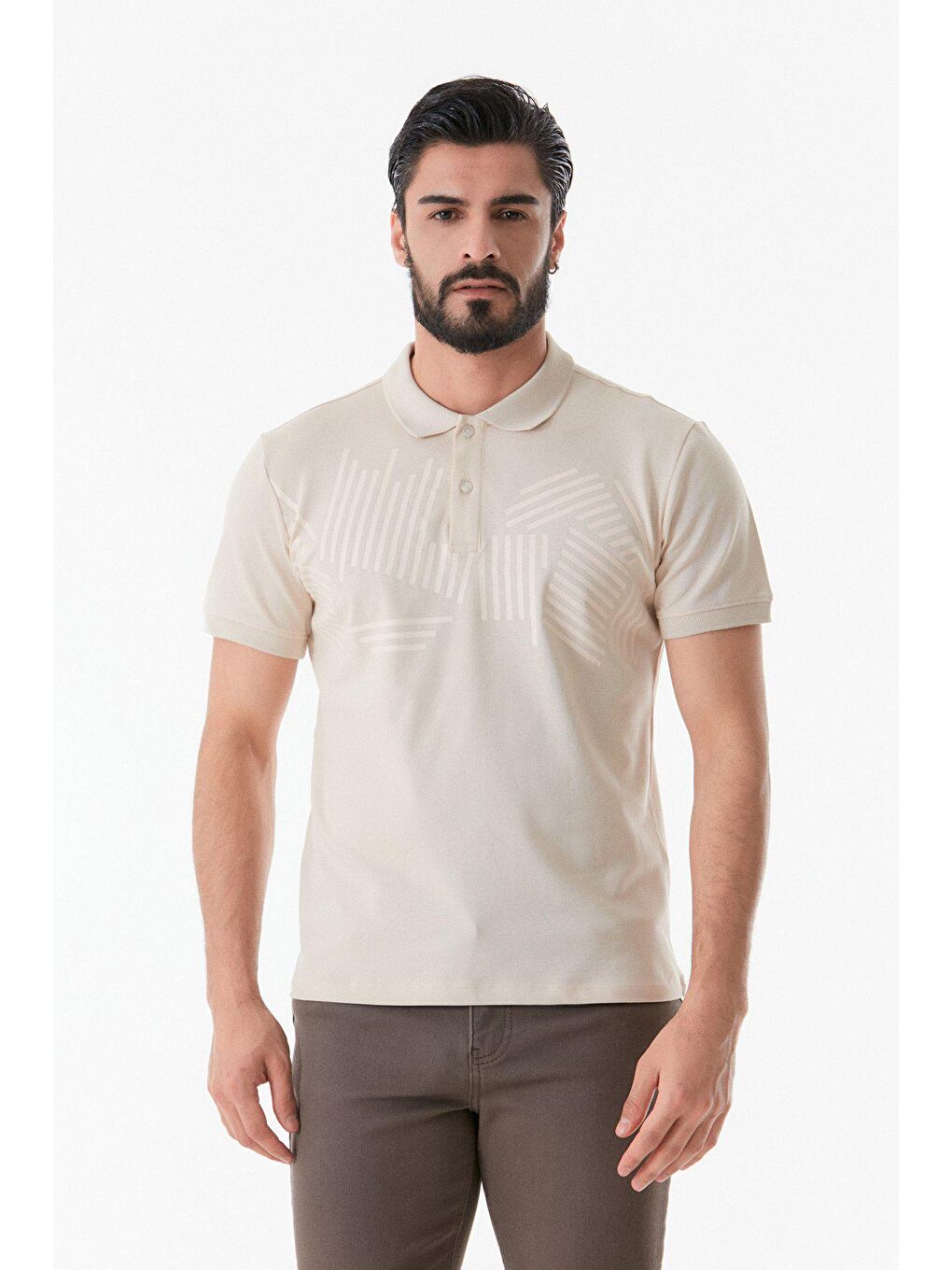 Bej Baskılı Polo Yaka Tişört