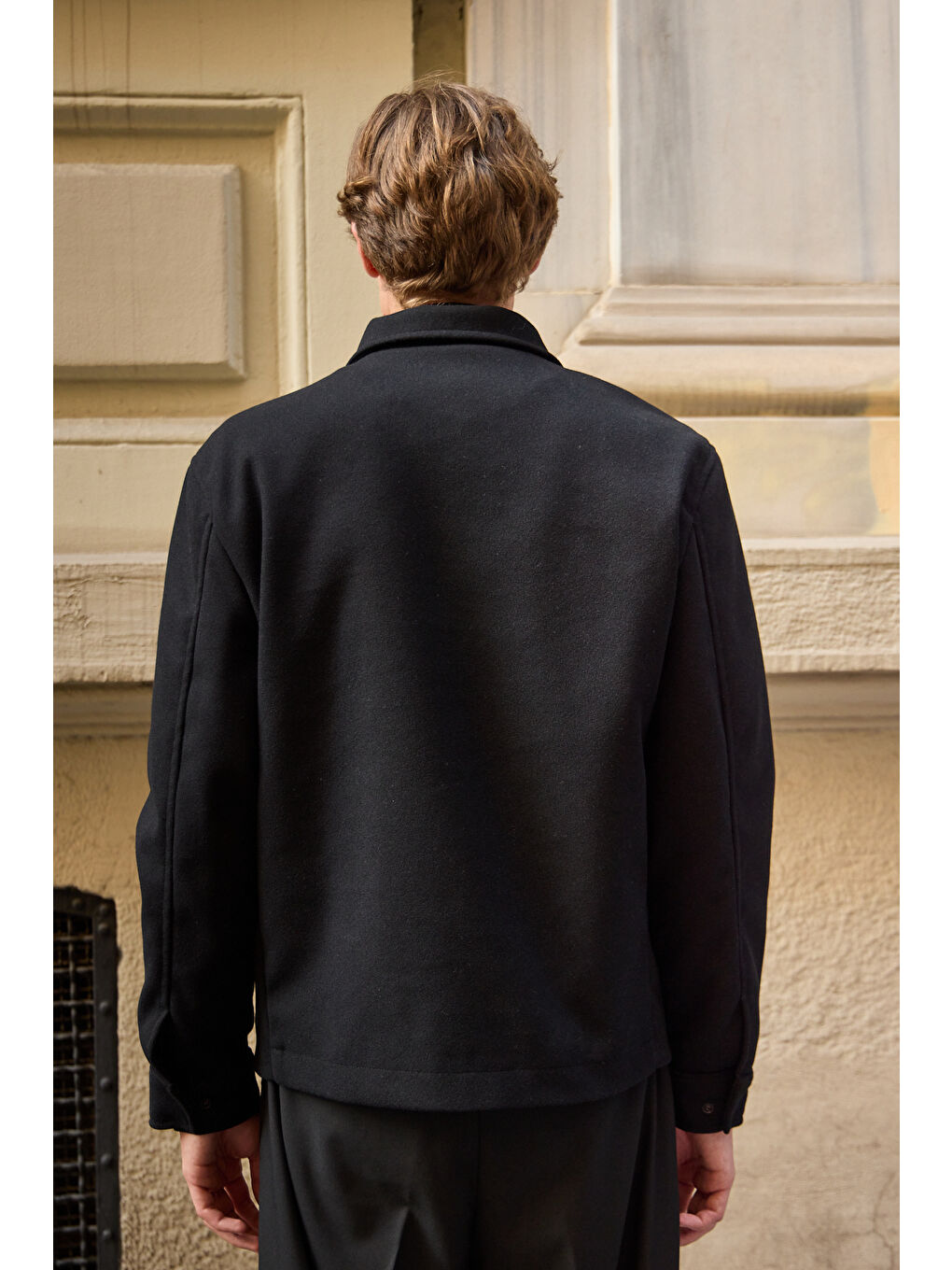 Erkek Gömlek Yaka Düğmeli Kaşe Mont Ceket Siyah-7