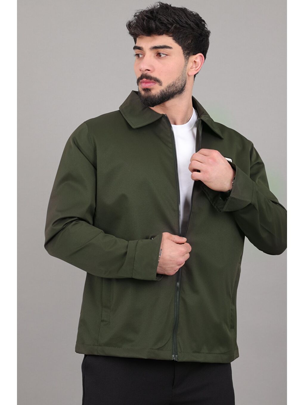Haki Diagonel Kumaş Yakalı Fermuarlı Mevsimlik Mont PLDP 3031_60391-1