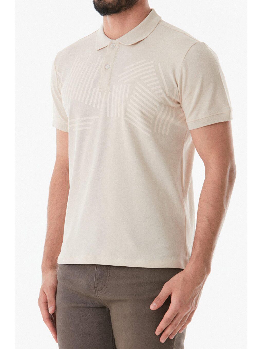 Bej Baskılı Polo Yaka Tişört-4