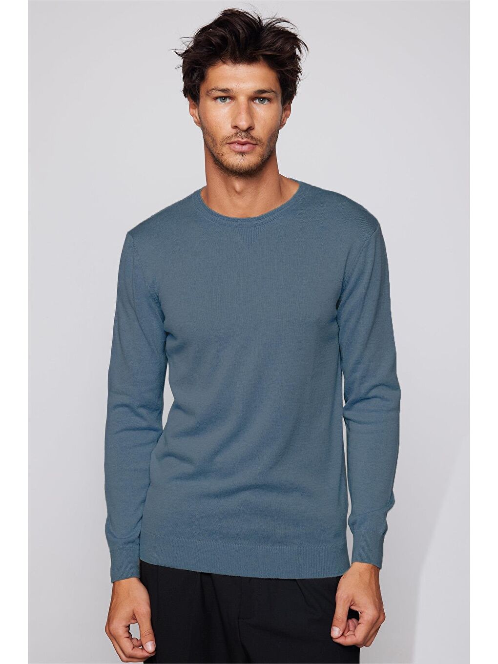 Erkek Standart Fit Normal Kesim Bisiklet Yaka İndigo Triko Kazak-3