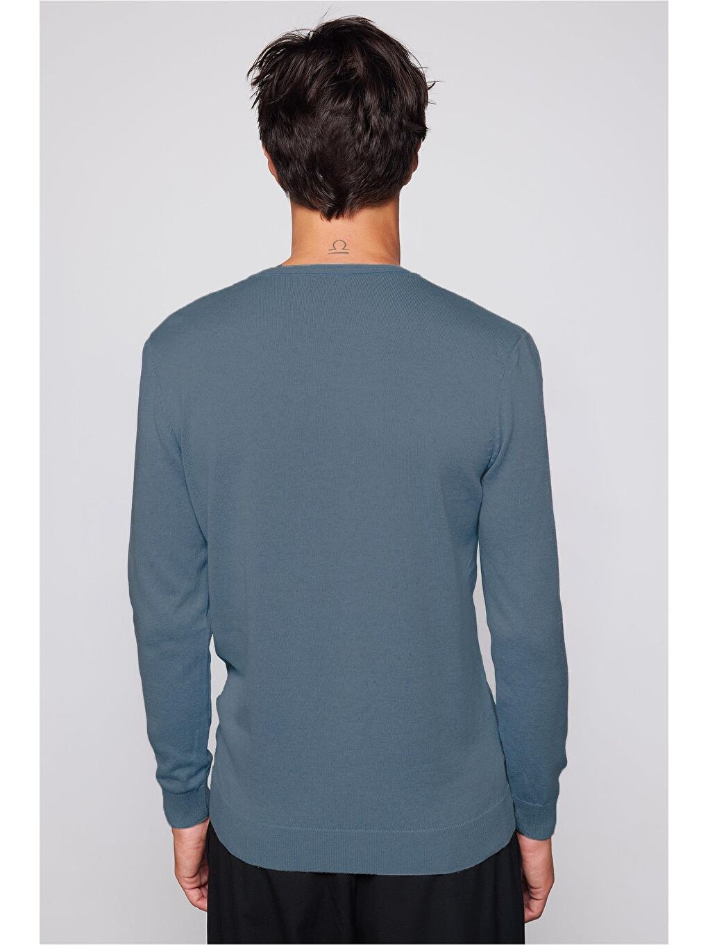 Erkek Standart Fit Normal Kesim Bisiklet Yaka İndigo Triko Kazak-4