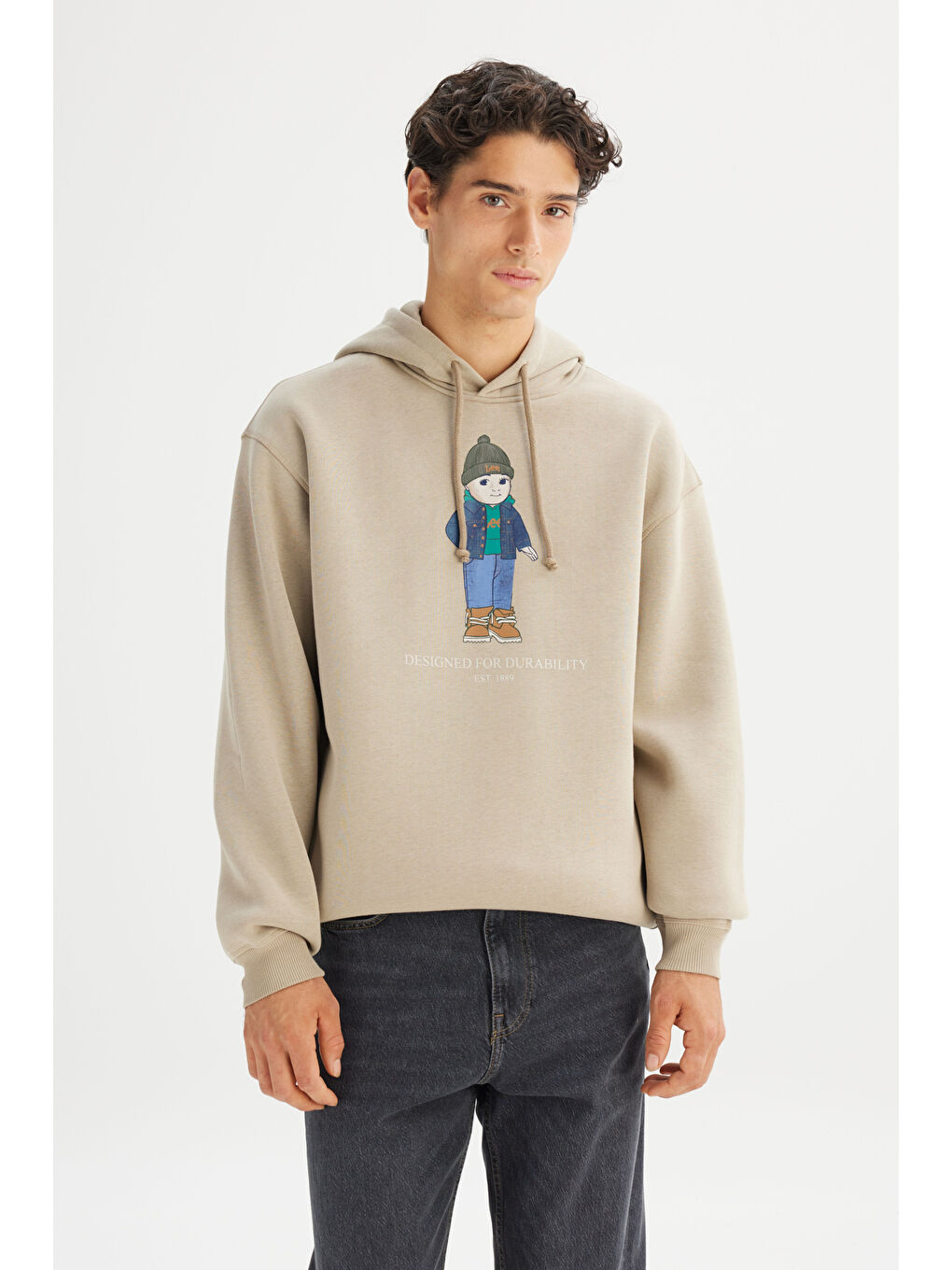 Bej Pamuklu İçi Polarlı Regular Fit Kapüşonlu Logo Detaylı Sweatshirt