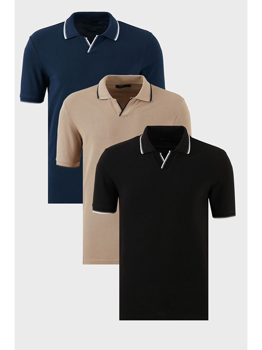 Ekru Pamuklu Regular Fit Şerit Detaylı 3'lü Paket Polo Yaka %100 Pamuk Tişört 5902964S3