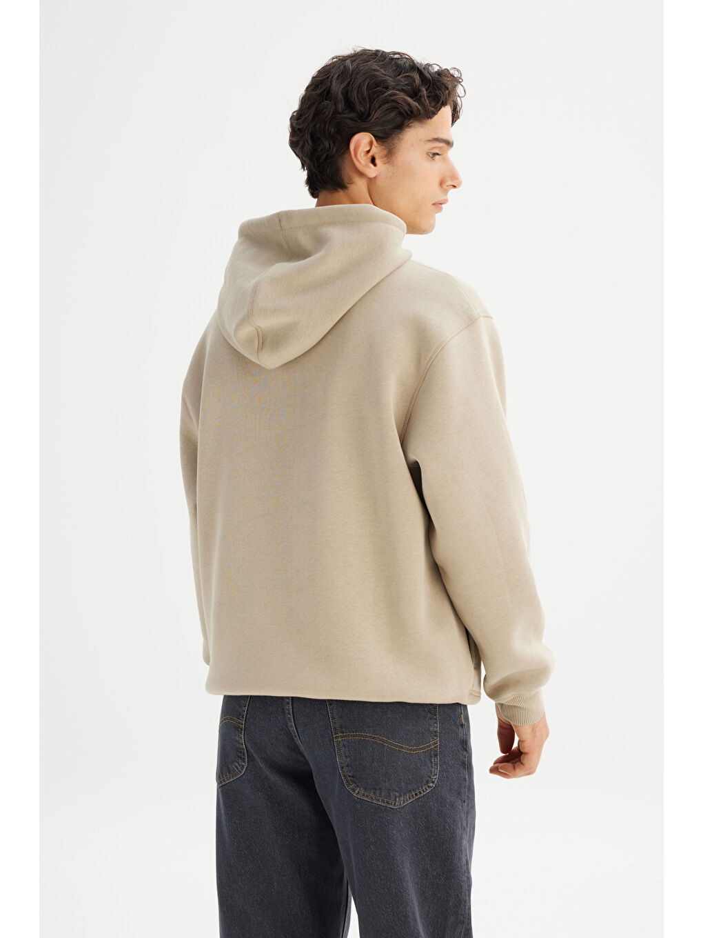 Bej Pamuklu İçi Polarlı Regular Fit Kapüşonlu Logo Detaylı Sweatshirt-1