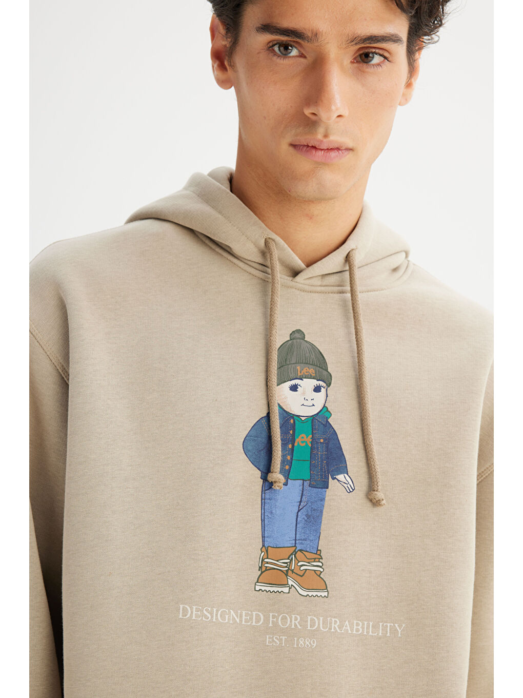 Bej Pamuklu İçi Polarlı Regular Fit Kapüşonlu Logo Detaylı Sweatshirt-2