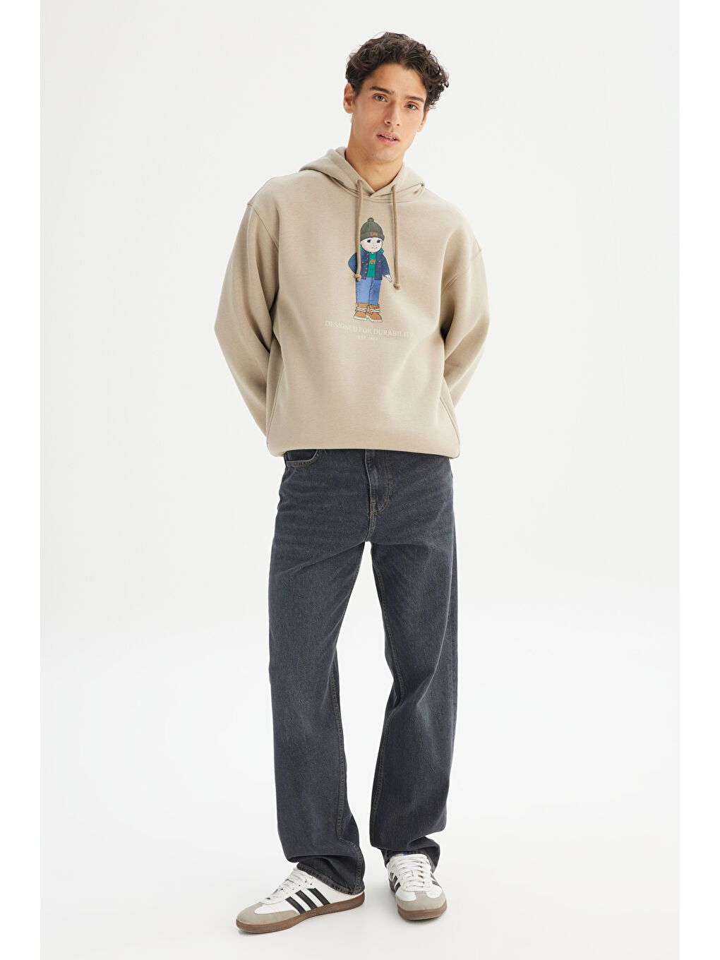 Bej Pamuklu İçi Polarlı Regular Fit Kapüşonlu Logo Detaylı Sweatshirt-3
