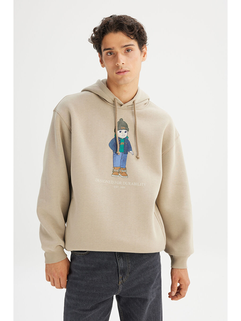 Bej Pamuklu İçi Polarlı Regular Fit Kapüşonlu Logo Detaylı Sweatshirt-4