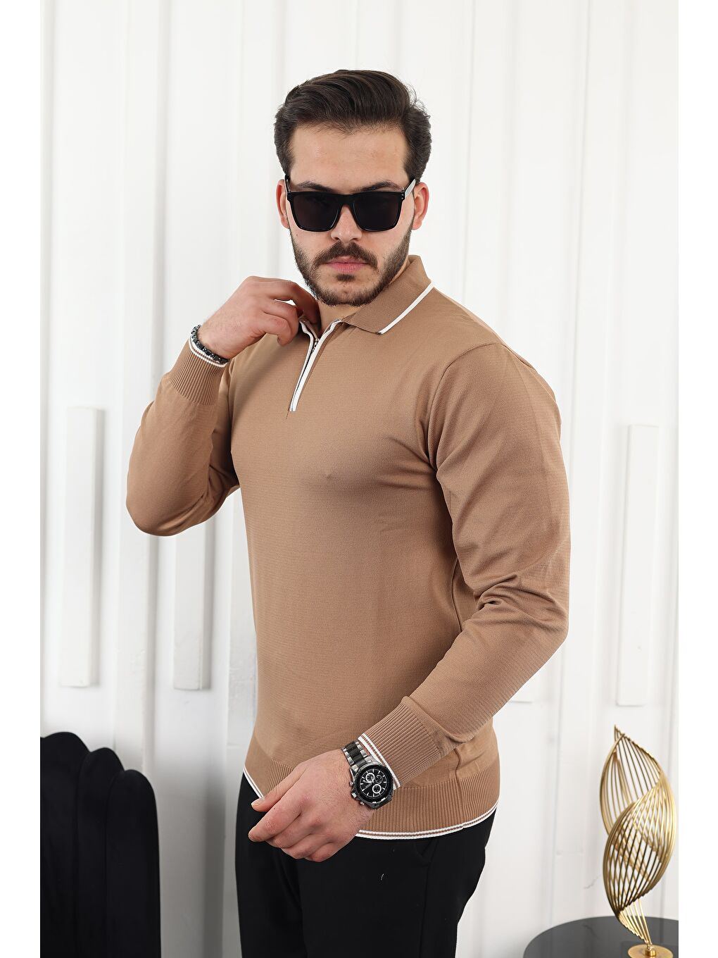 Kahverengi Fermuar Yaka Çizgi Detaylı Erkek Kazak-2