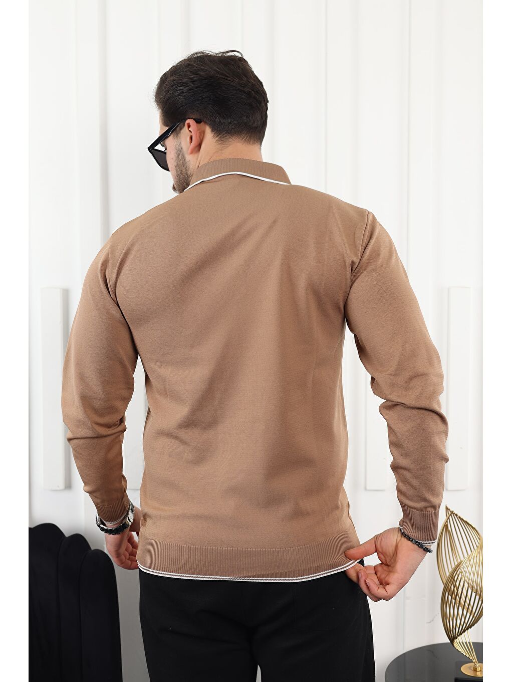 Kahverengi Fermuar Yaka Çizgi Detaylı Erkek Kazak-3